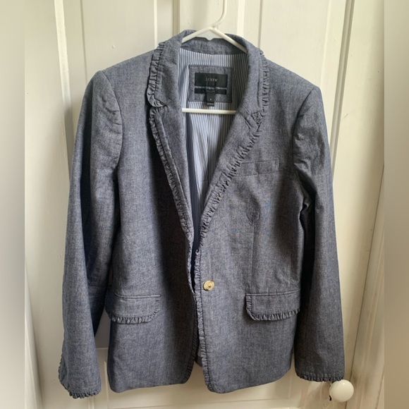 J Crew Regent Blazer Chambray Ruffle Size 8 Blue - Picture 2 of 9